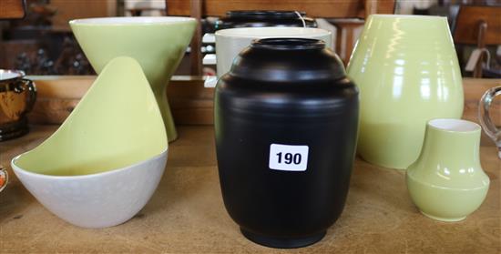 Four Poole Pottery lemon yellow-glazed pieces, a Deco black vase, another black vase and a banded vase (7)